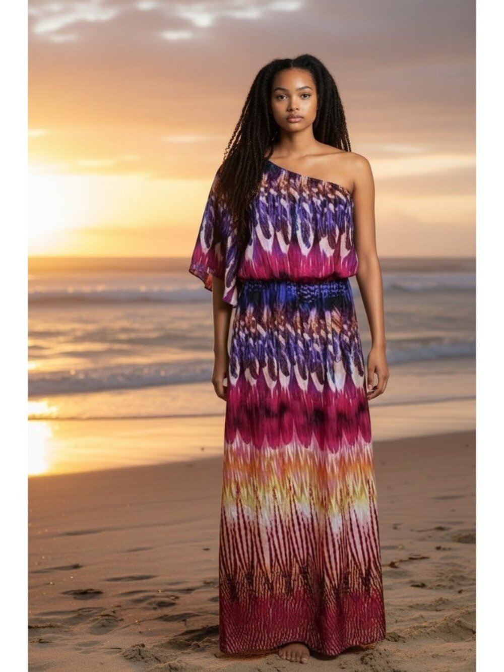 Bisou Bisou Dress One Shoulder Print Maxi 4 Vacation Tie Dye Flowy Resort